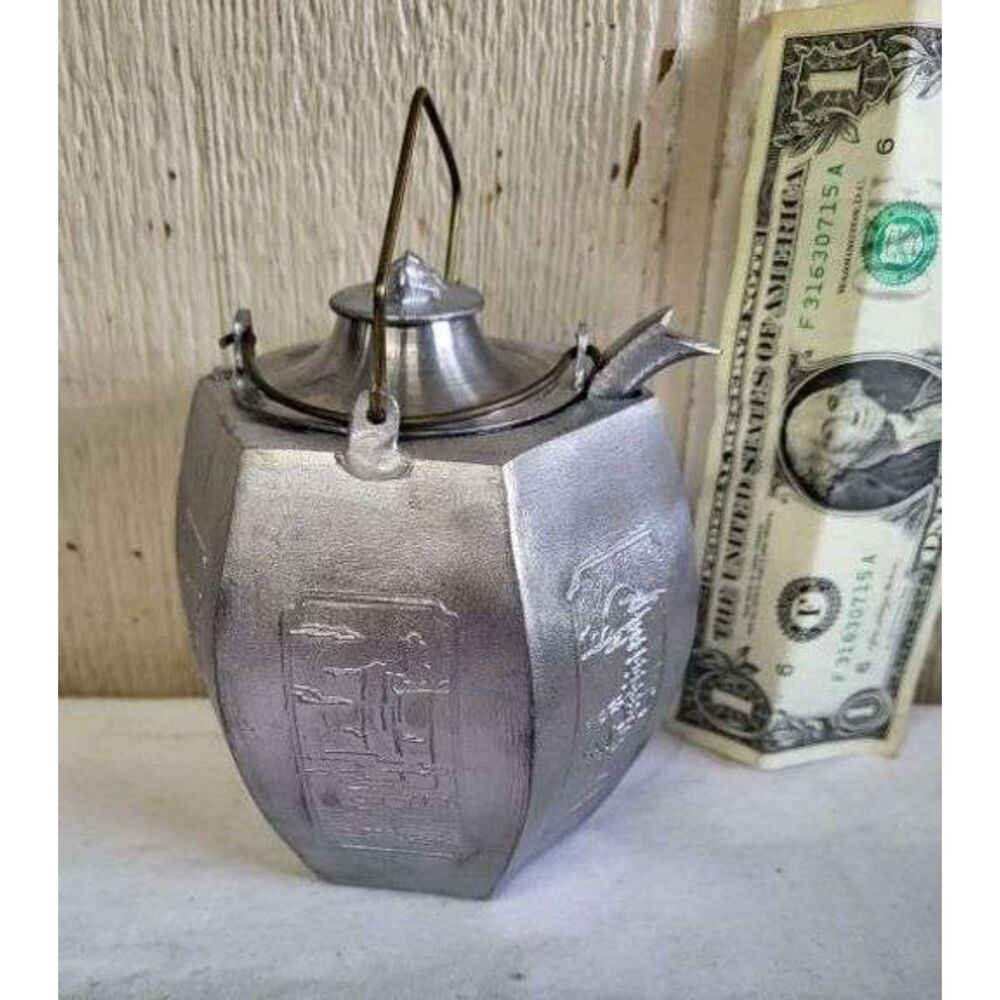 Vtg hexagonal Japanese Pewter sake or tea pot with landscape engraving